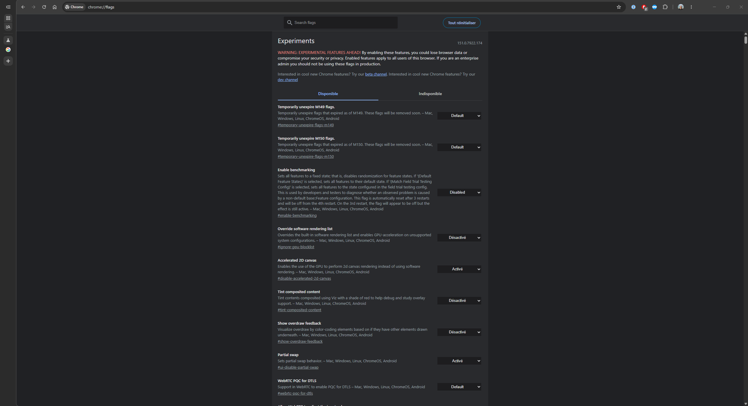 Page chrome flags de Google Chrome 151 listant les réglages expérimentaux du navigateur