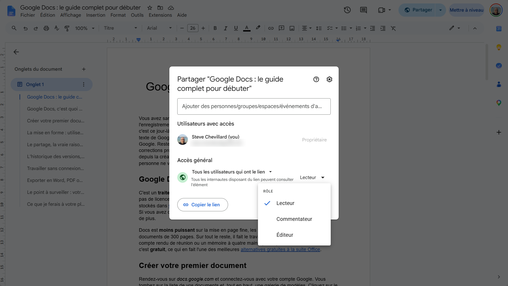 Fenêtre de partage Google Docs avec les rôles Lecteur, Commentateur et Éditeur