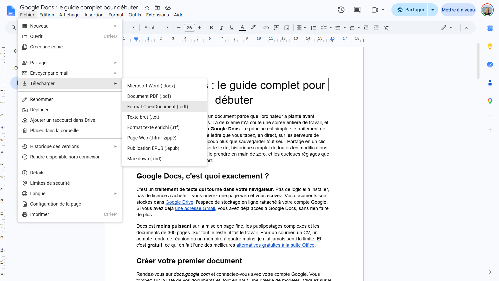 Menu Fichier Télécharger de Google Docs avec les formats Word, PDF et OpenDocument