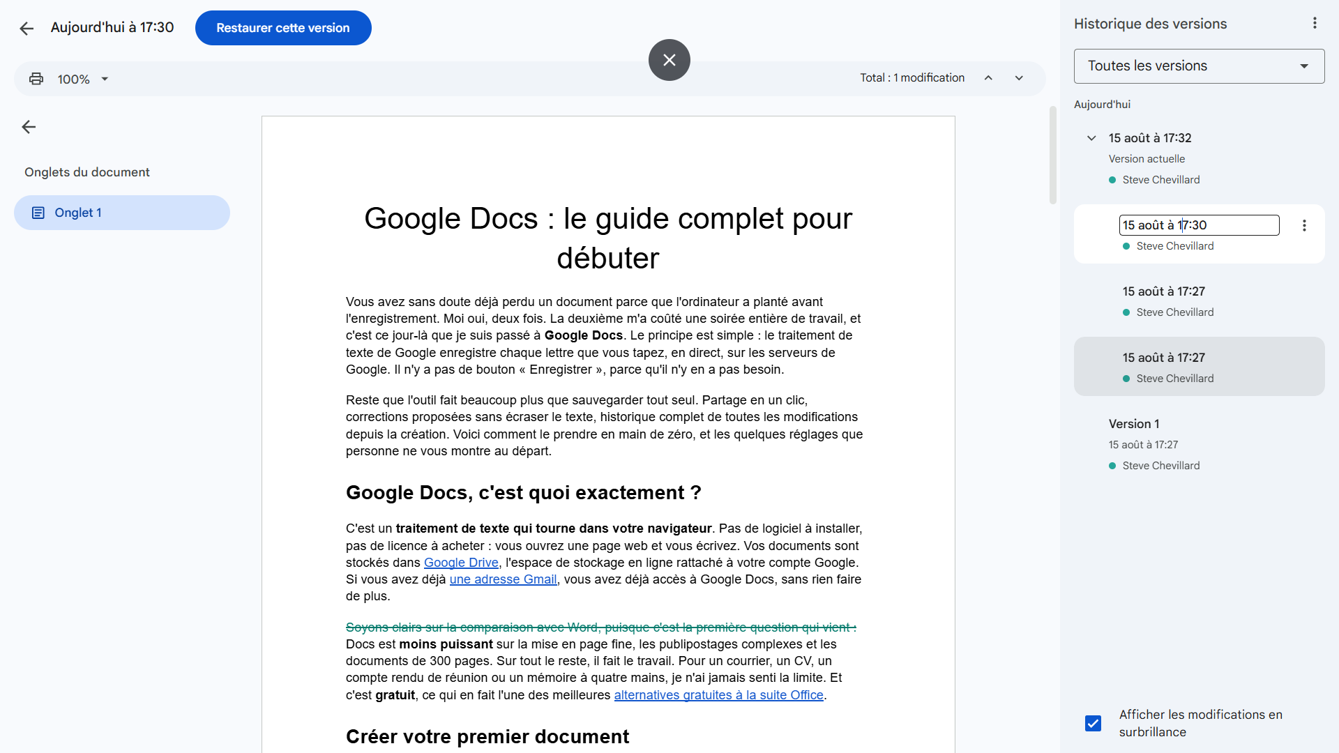 Historique des versions de Google Docs avec le bouton Restaurer cette version