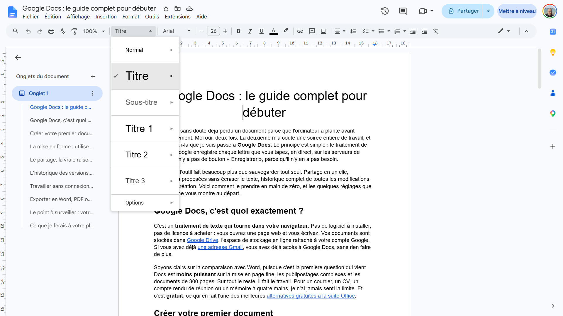 Menu des styles de Google Docs ouvert sur Titre 1, Titre 2 et Titre 3