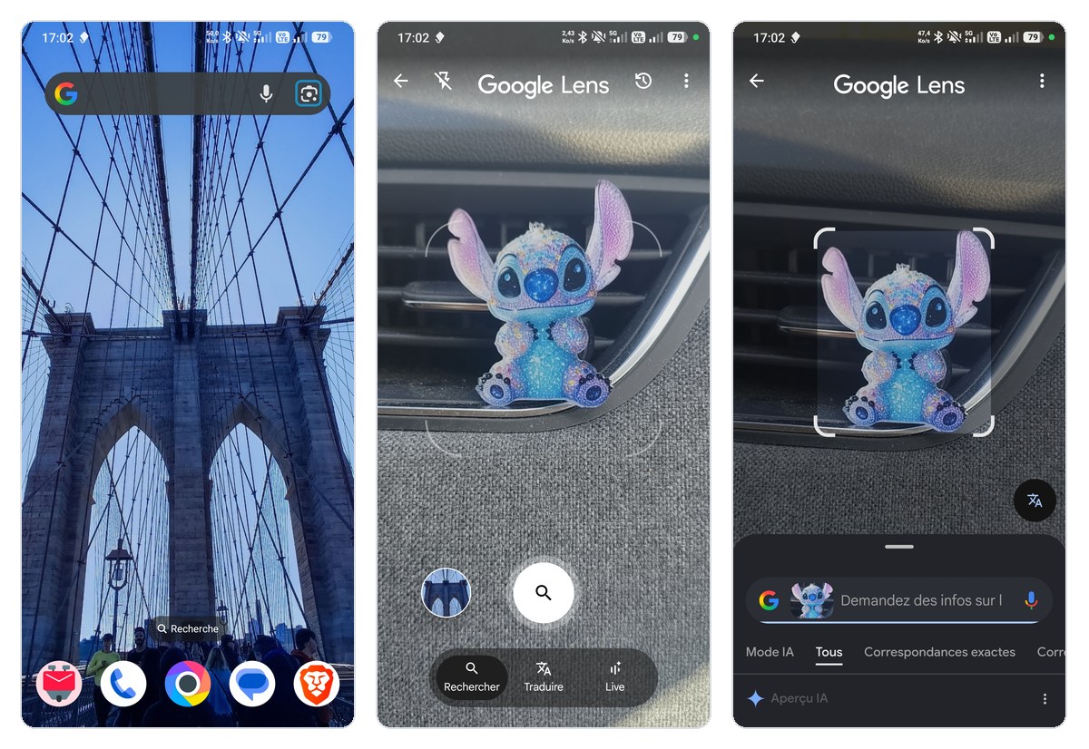 Ouvrir Google Lens depuis l'appli Google sur Android : icône appareil photo, viseur, puis objet détecté