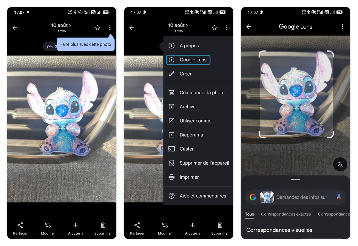Ouvrir Google Lens depuis Google Photos sur Android : menu Plus, entrée Google Lens, puis résultat de l'analyse