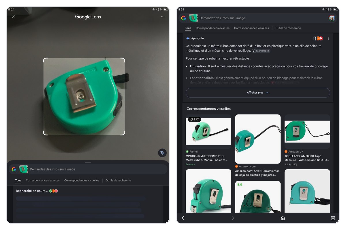 Google Lens sur iPad analyse un mètre ruban et affiche l'Aperçu IA avec les correspondances visuelles et les prix