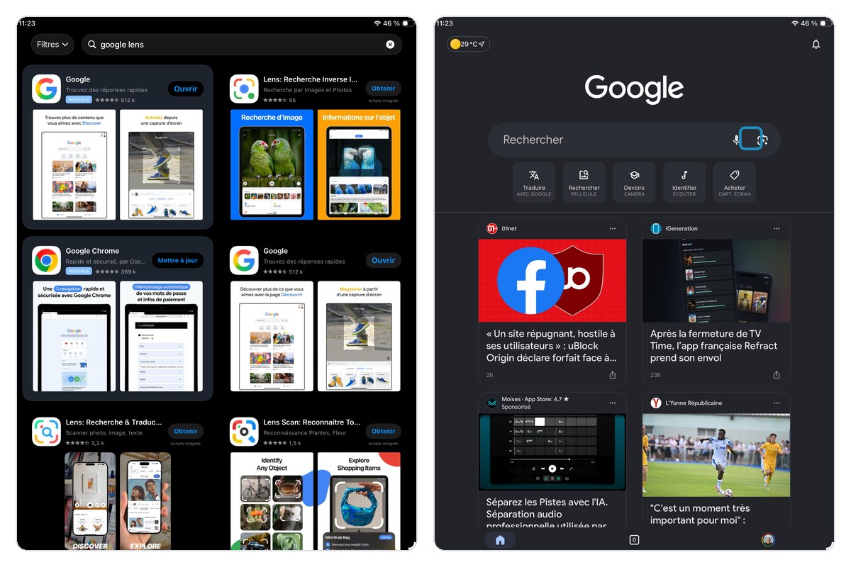 Recherche Google Lens dans l'App Store sur iPad et icône Lens dans la barre de recherche de l'appli Google