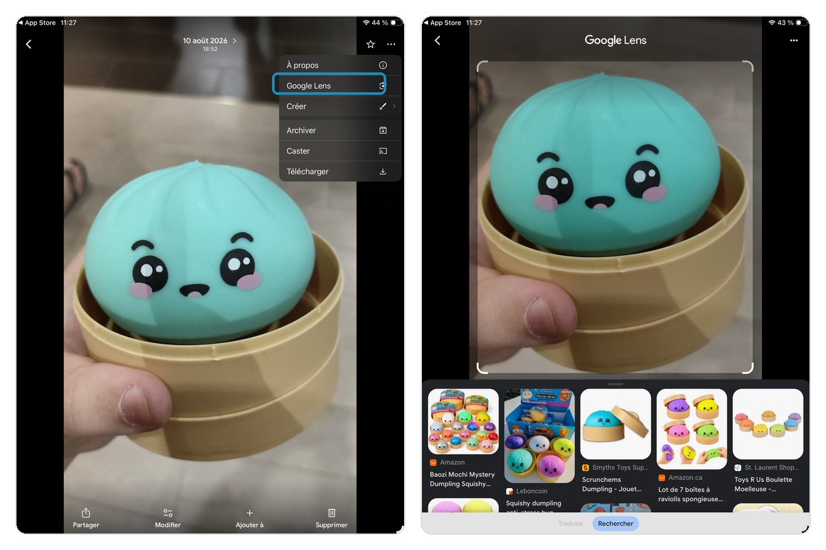 Ouvrir Google Lens depuis Google Photos sur iPad : entrée Google Lens dans le menu, puis résultat de l'analyse