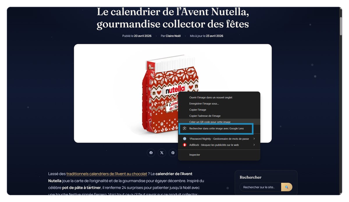 Clic droit sur une image dans Chrome : l'entrée Rechercher dans cette image avec Google Lens dans le menu contextuel
