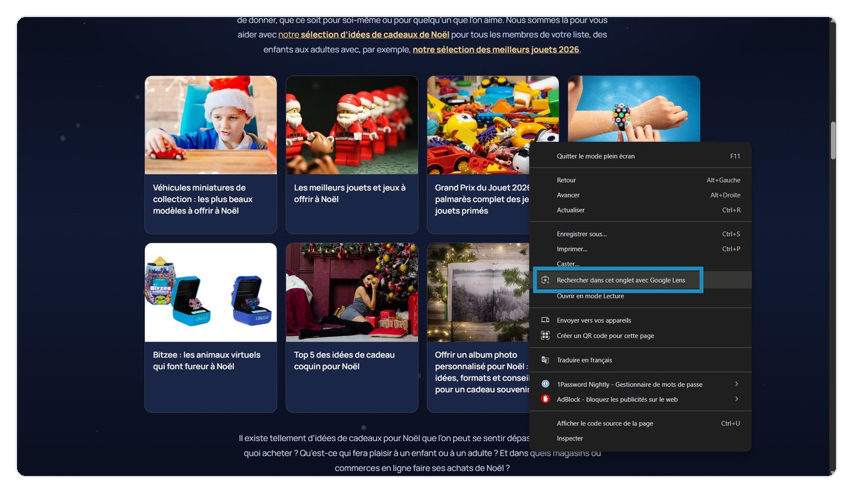 Clic droit sur une page dans Chrome : l'entrée Rechercher dans cet onglet avec Google Lens dans le menu contextuel