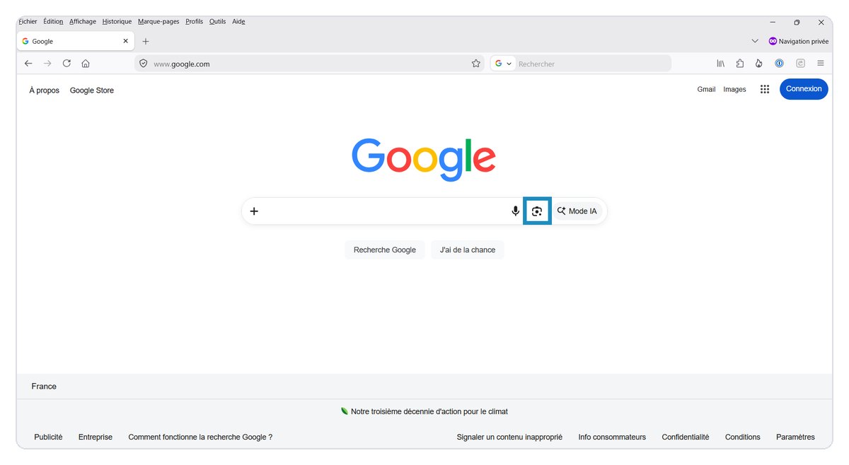 Icône d'appareil photo Google Lens dans la barre de recherche de google.com sur Firefox