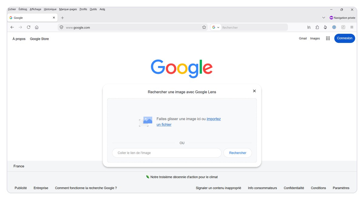 Fenêtre Rechercher une image avec Google Lens sur google.com pour importer un fichier ou coller un lien