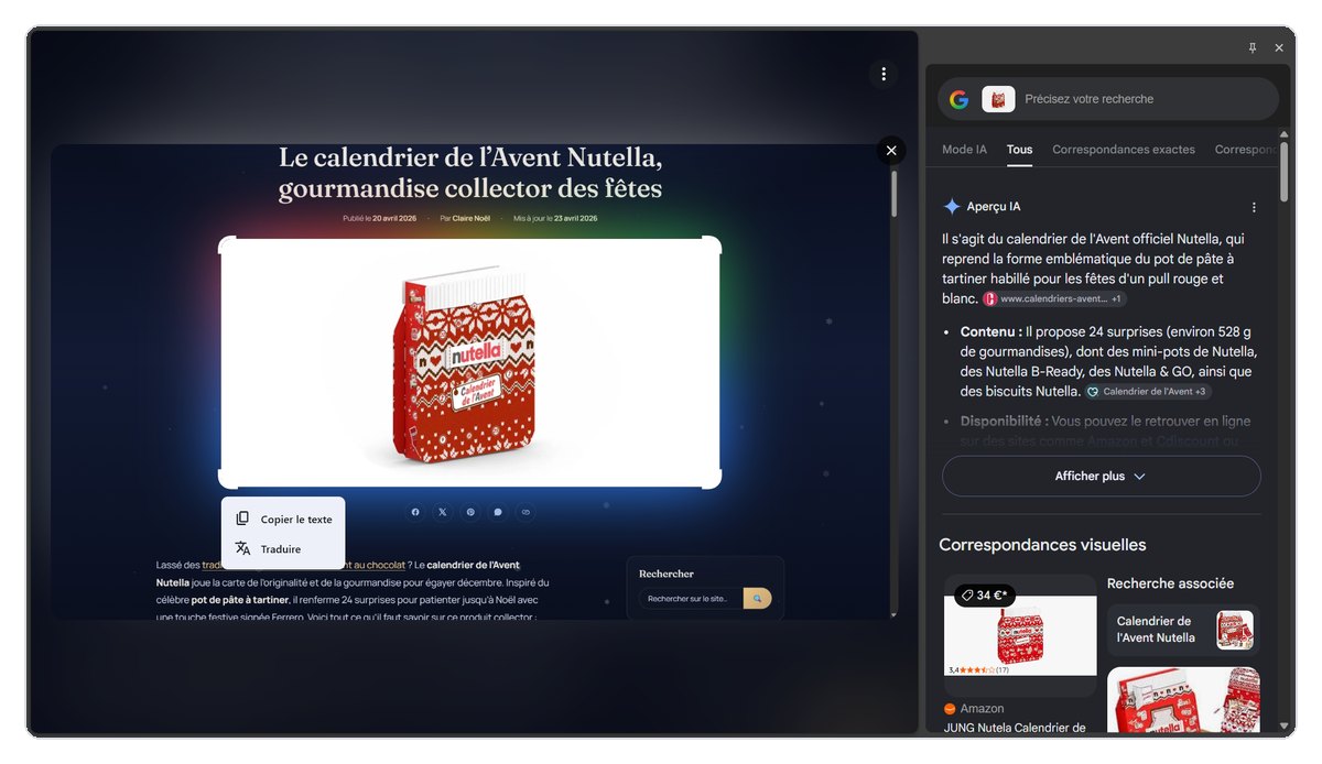 Panneau latéral de Google Lens dans Chrome affichant l'Aperçu IA et les correspondances visuelles à droite de la page