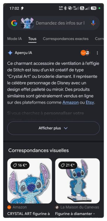 Résultats Google Lens avec Aperçu IA et correspondances visuelles affichant les prix en euros