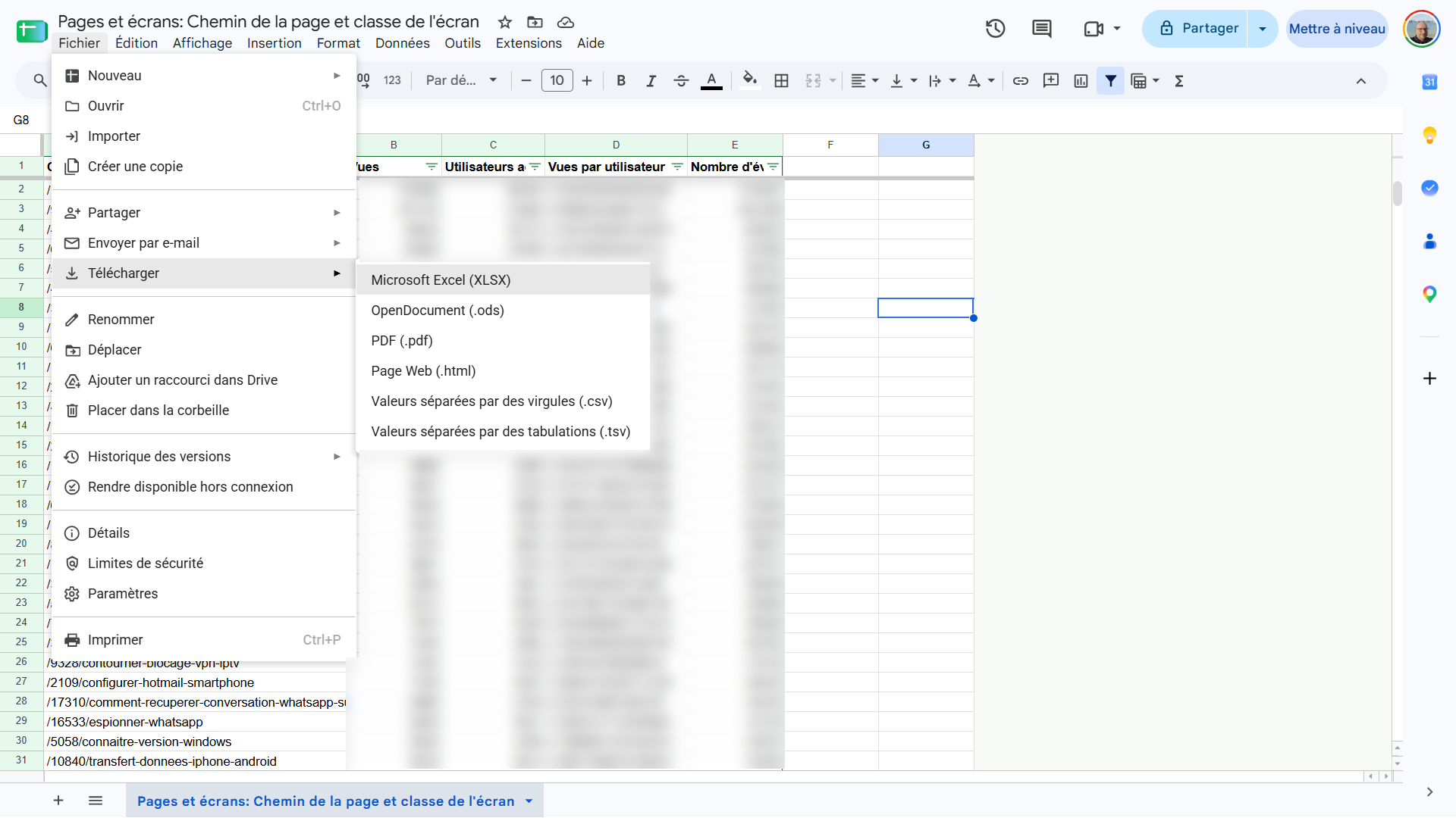 Menu Fichier Télécharger de Google Sheets avec les formats Excel, PDF et CSV