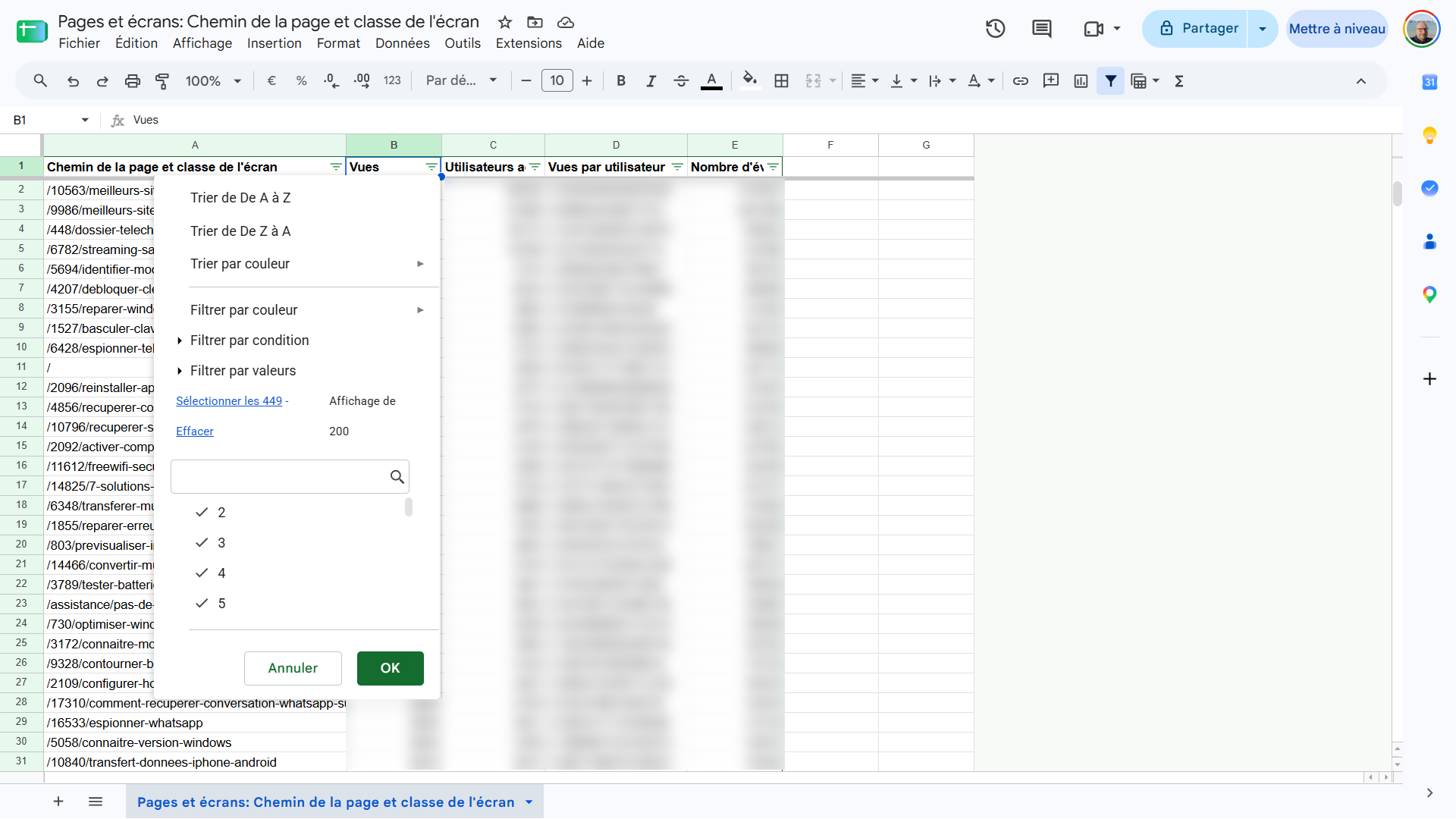 Menu de filtre ouvert dans Google Sheets avec les options de tri de A à Z et de sélection des valeurs