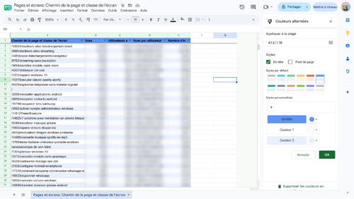 Feuille de calcul Google Sheets avec en-têtes colorées et volet des couleurs alternées