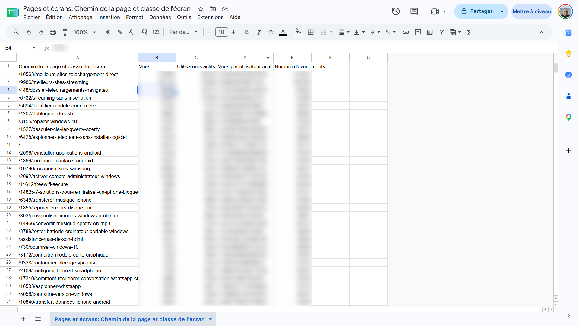 Interface de Google Sheets avec la référence de cellule B4, la barre de formule et les onglets