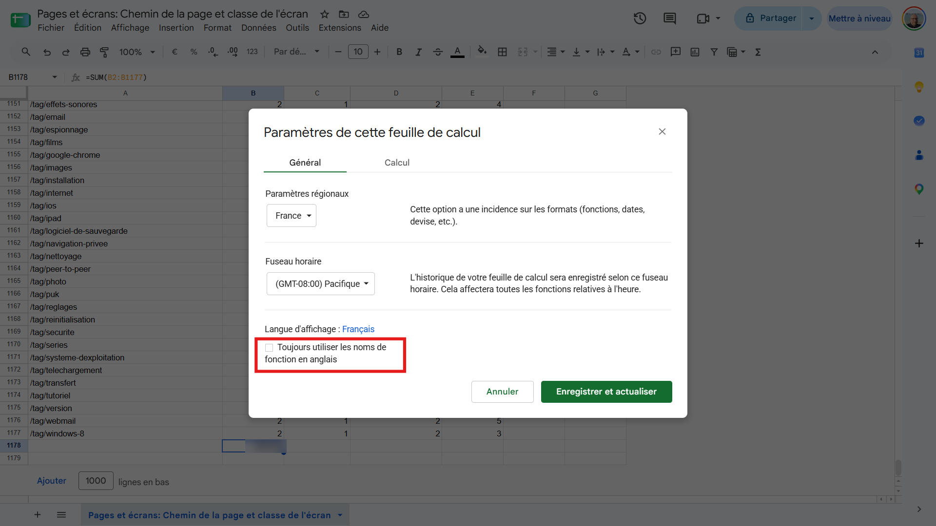 Paramètres de Google Sheets avec l'option Toujours utiliser les noms de fonction en anglais