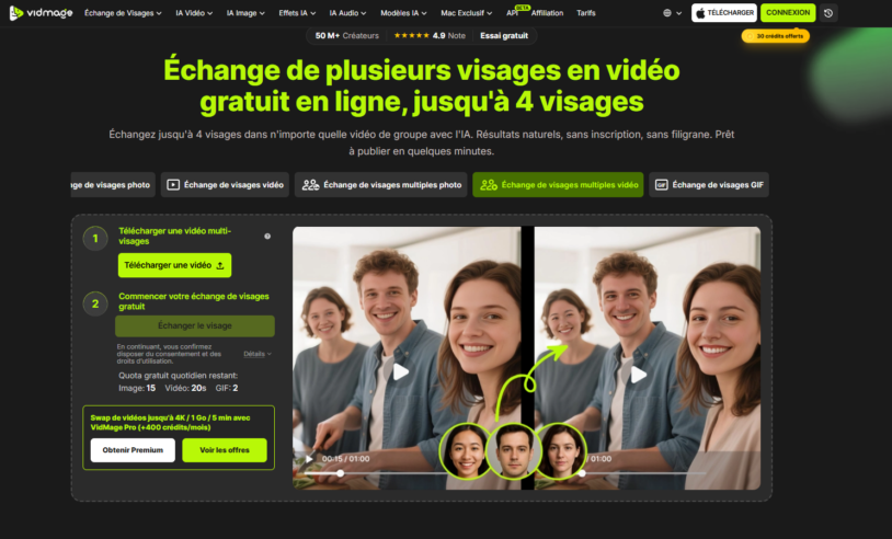 Interface de VidMage pour l'échange de plusieurs visages sur une vidéo de groupe, avec aperçu avant-après