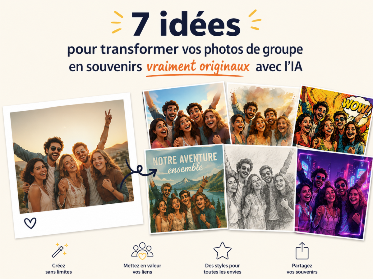 Photo de groupe d'amis déclinée par l'IA en six versions : dessin, aquarelle, BD, affiche, croquis et néon