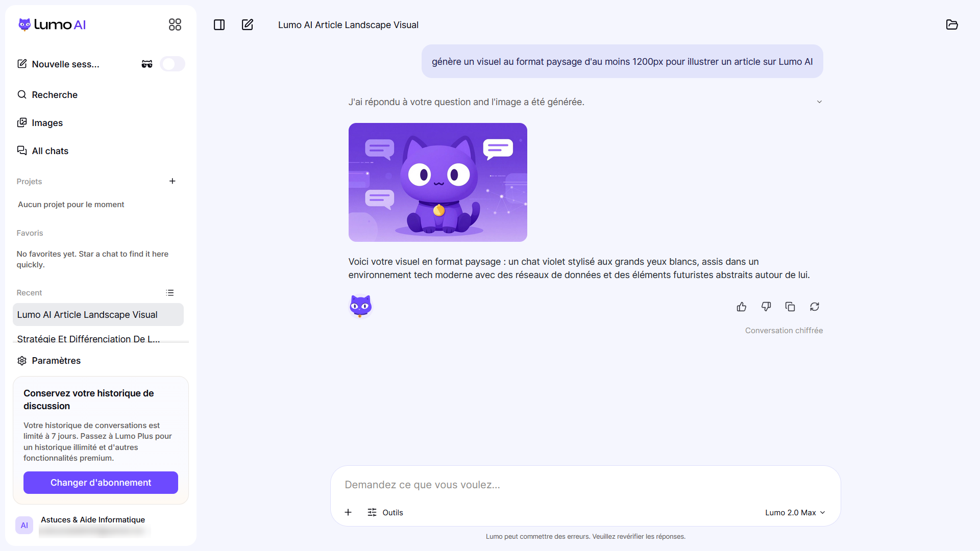 Réponse de Lumo 2.0 affichant le chat violet illustré en aplats et la mention Conversation chiffrée