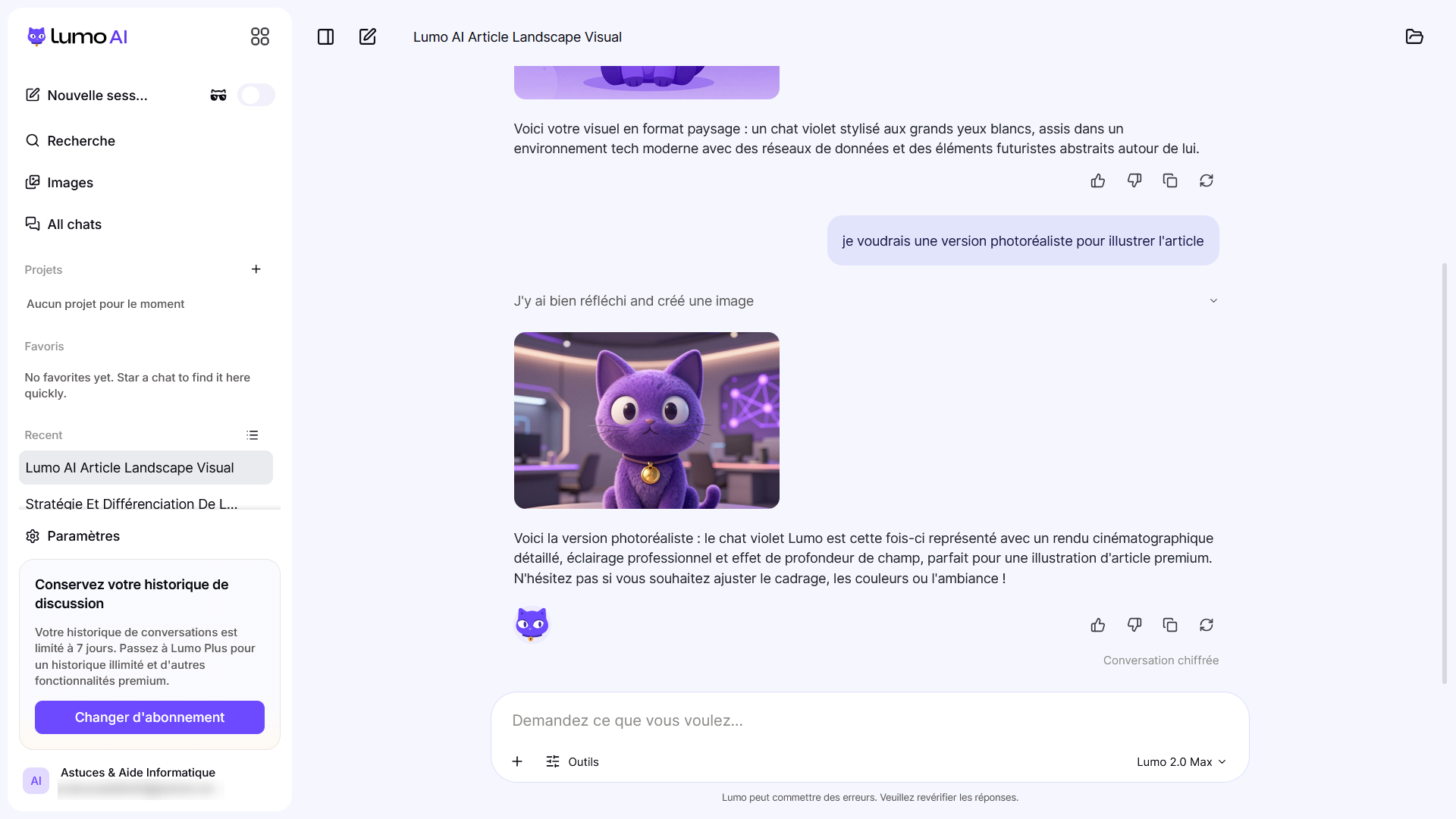 Relance dans Lumo 2.0 demandant une version photoréaliste et rendu 3D du chat violet