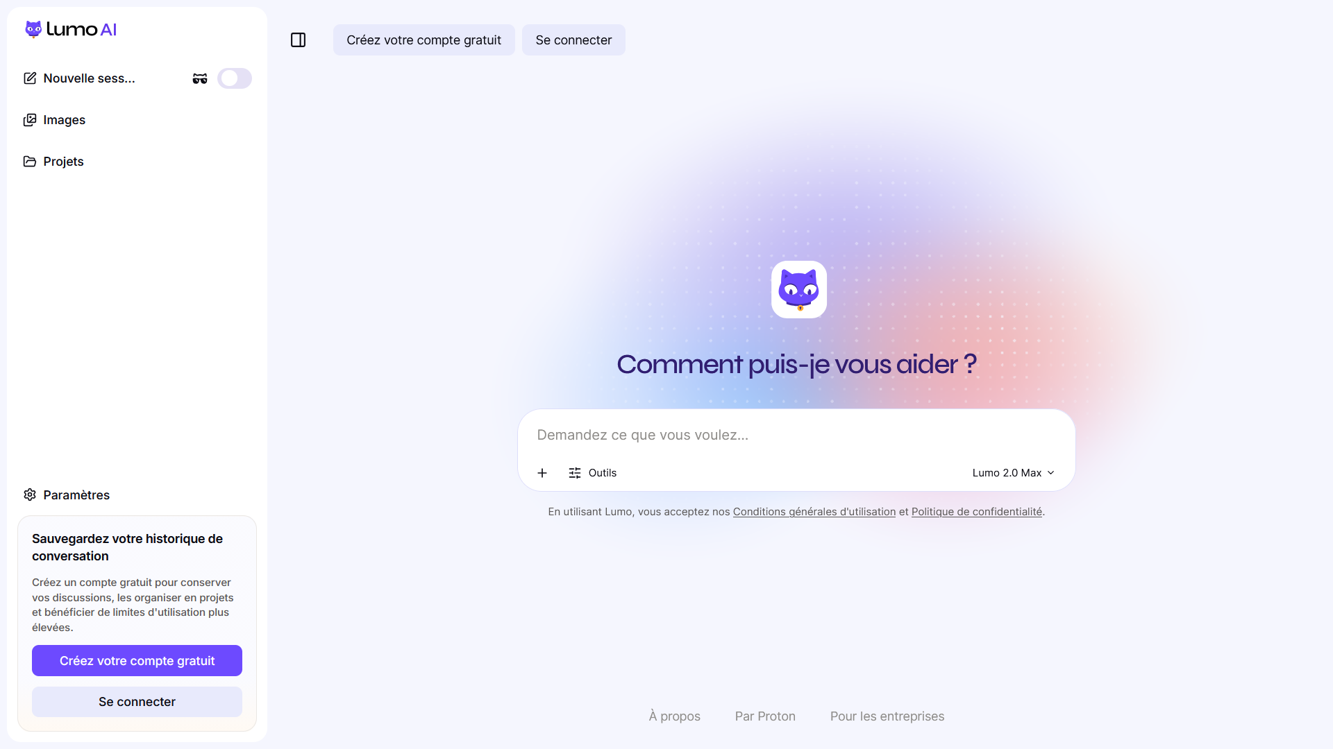 Page d'accueil de Lumo 2.0 avec le modèle Lumo 2.0 Max sélectionné et les menus Images et Projets