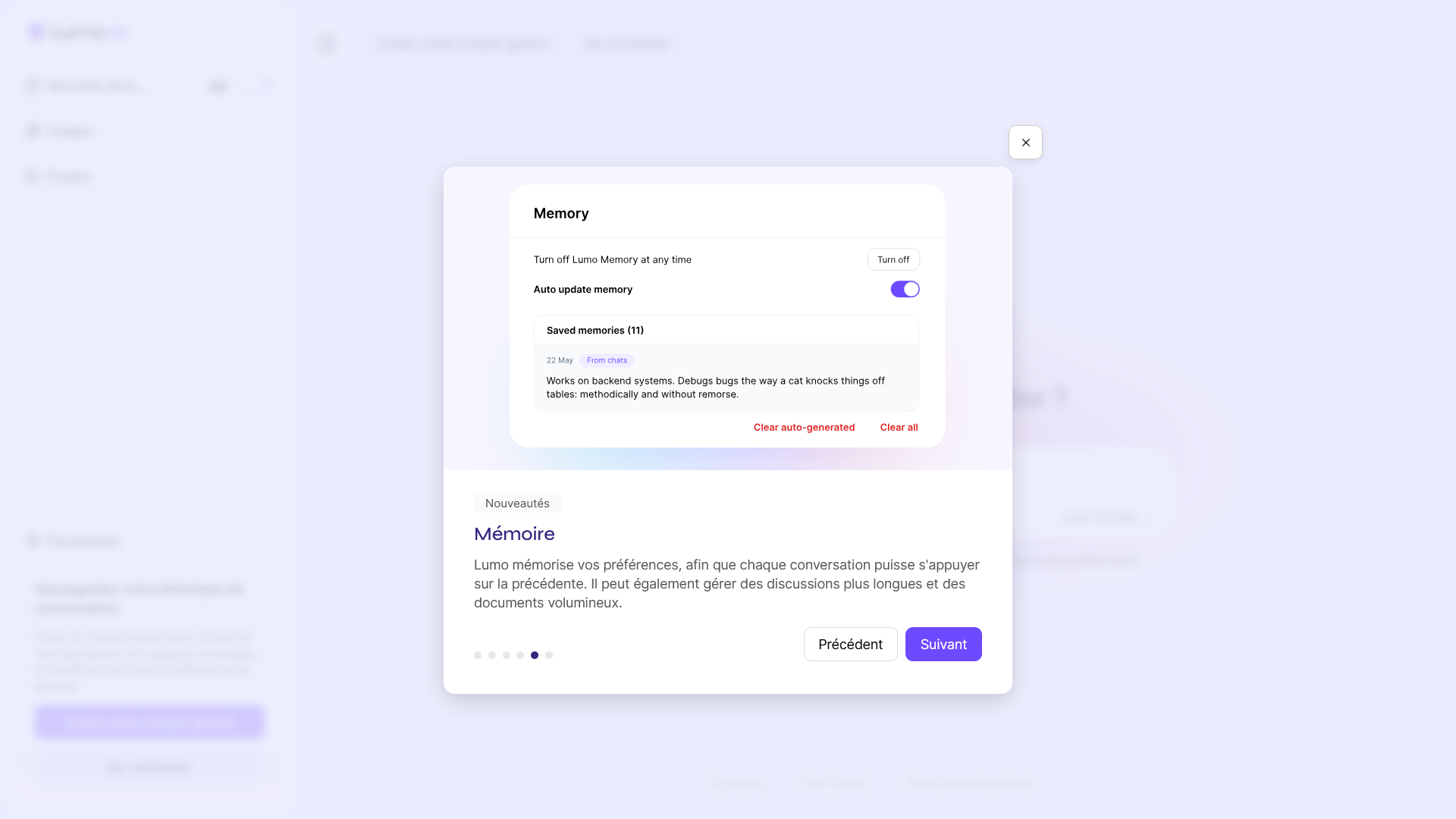 Panneau Memory de Lumo 2.0 avec le bouton Turn off et la liste des souvenirs enregistrés