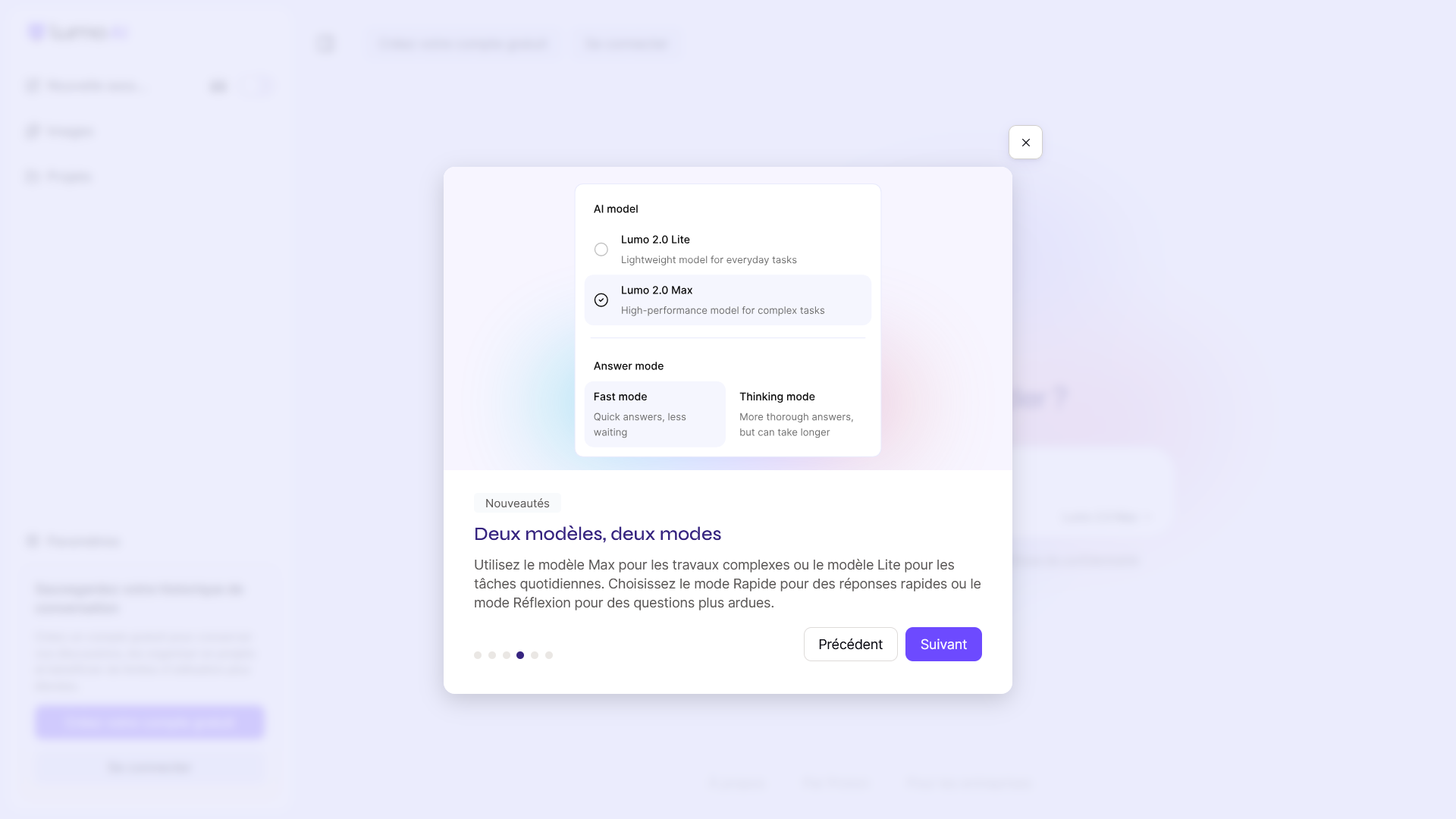 Sélecteur de Lumo 2.0 affichant les modèles Lite et Max et les modes de réponse Fast et Thinking