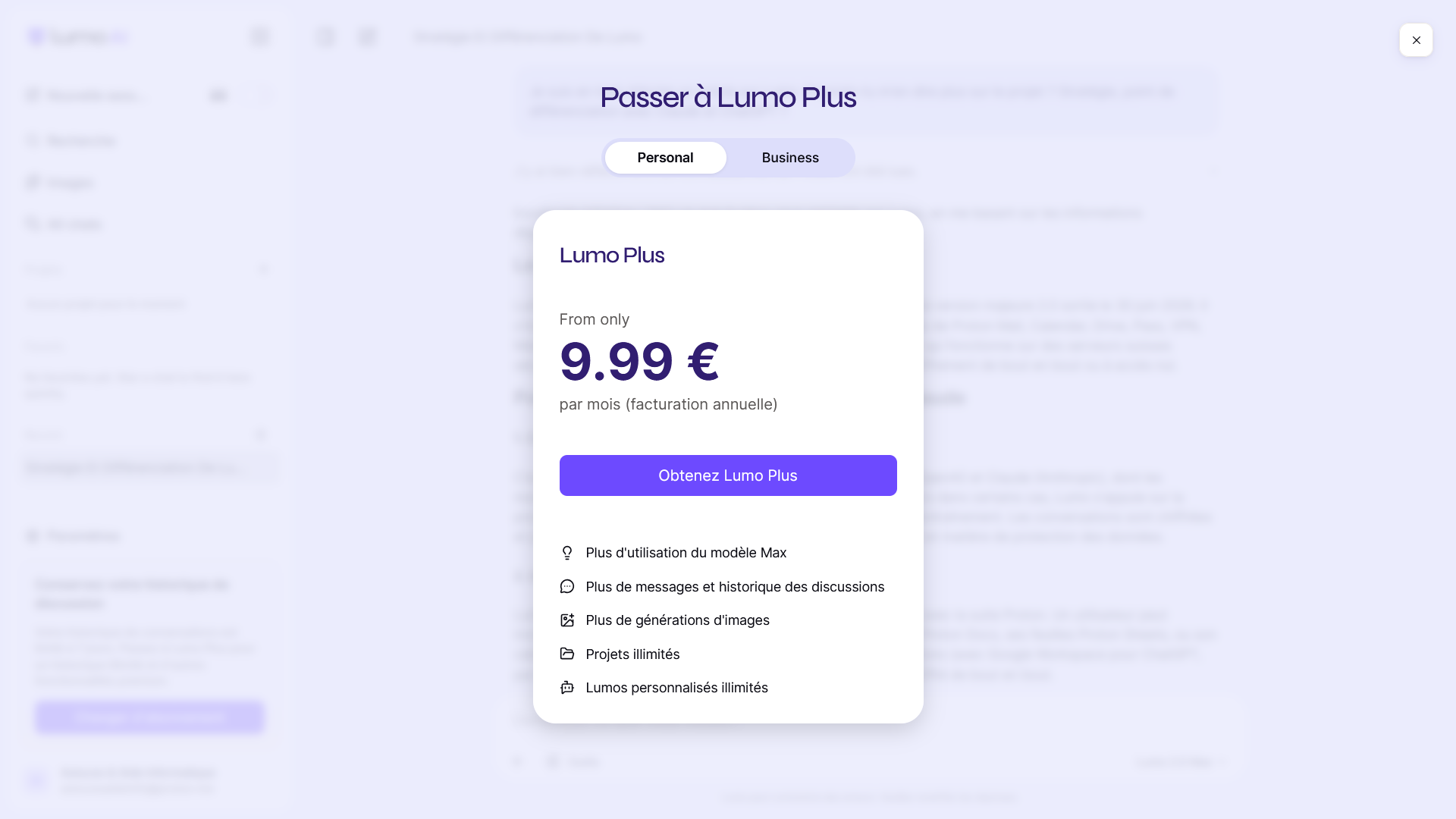 Écran Passer à Lumo Plus affichant 9,99 euros par mois en facturation annuelle et la liste des avantages