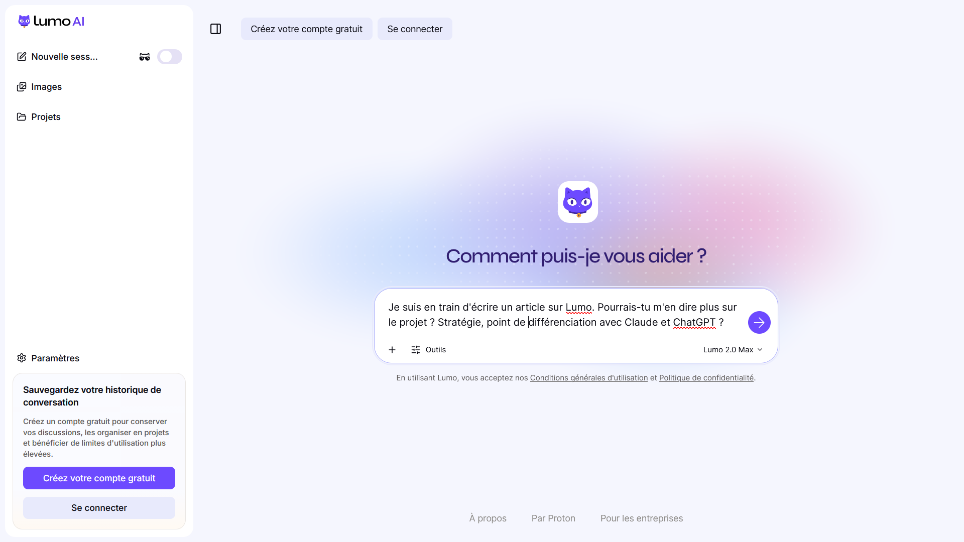 Question saisie dans Lumo 2.0 sur la stratégie de Proton et la différenciation avec Claude et ChatGPT