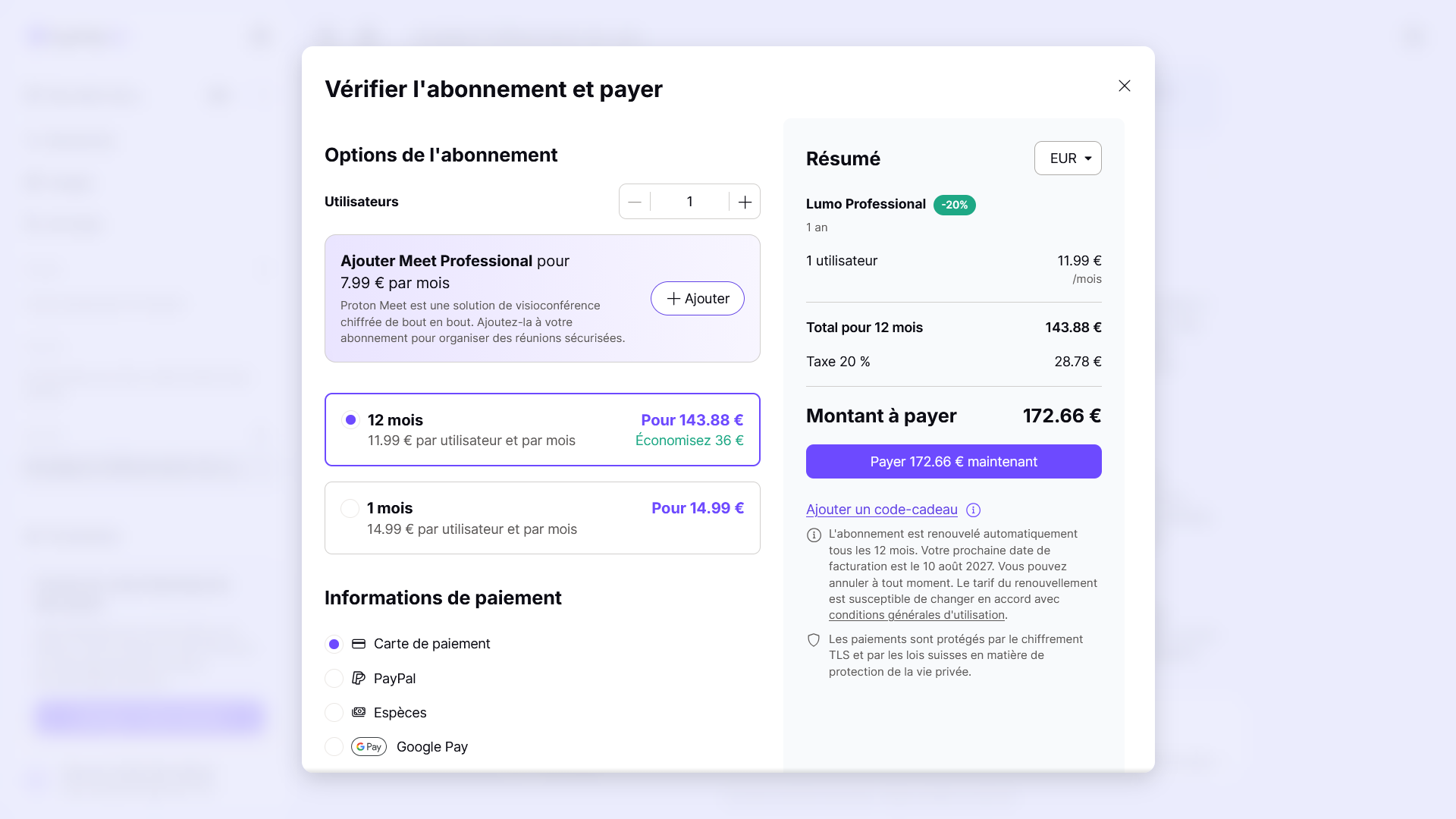 Page de paiement Lumo Professional détaillant 11,99 euros par utilisateur et par mois sur 12 mois et 14,99 euros au mois