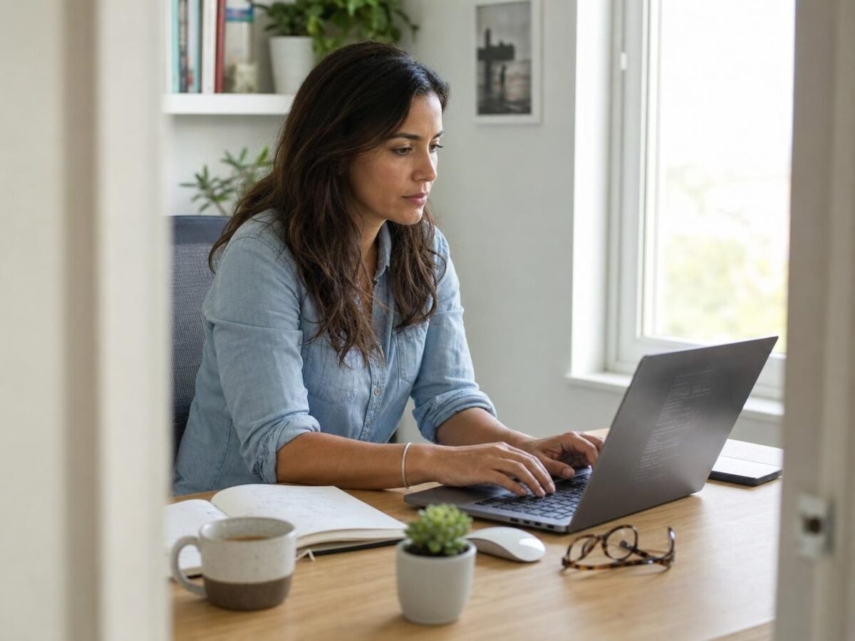 Femme installée à son bureau, concentrée sur son ordinateur portable pour vérifier une adresse email
