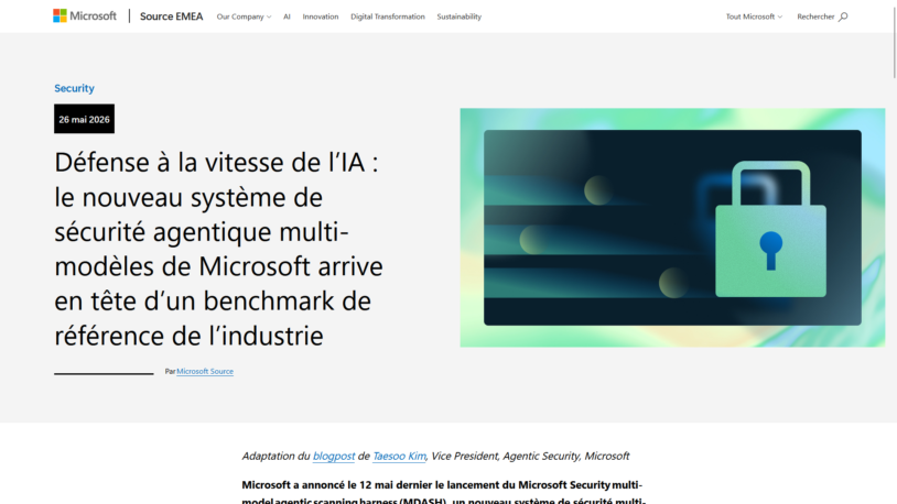 Capture d'écran de l'article "Défense à la vitesse de l’IA : le nouveau système de sécurité agentique multi-modèles de Microsoft arrive en tête d’un benchmark de référence de l’industrie " sur le blog Microsoft