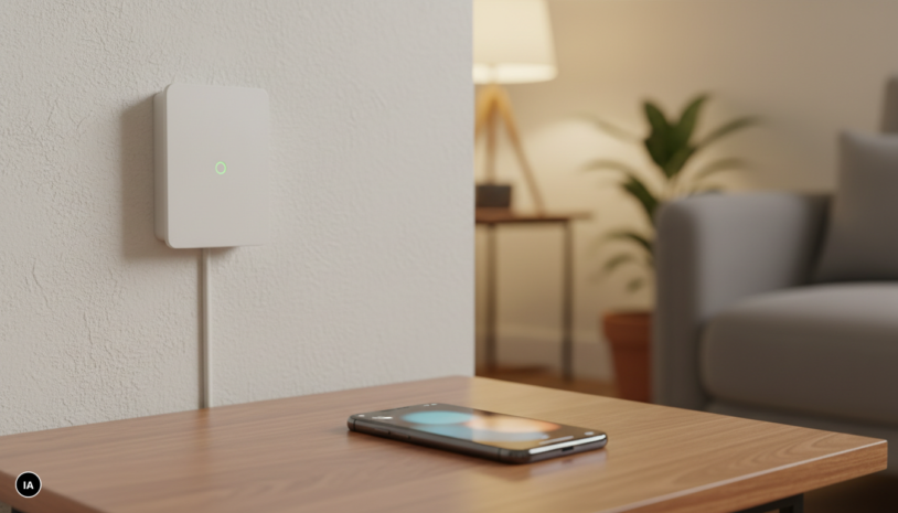 Boîtier de fibre optique fixé au mur d'un salon, diode allumée, et smartphone posé sur une table affichant un appel entrant d'un numéro inconnu