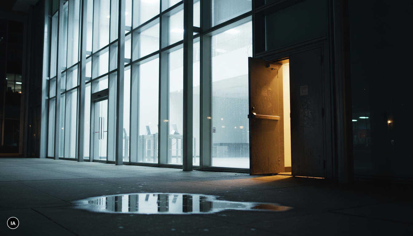 Entrée principale vitrée d'un immeuble de bureaux la nuit, avec juste à côté une porte de service métallique laissée entrouverte d'où filtre la lumière