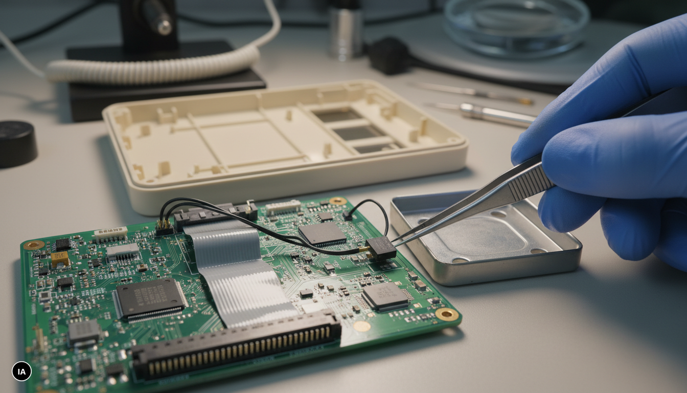 Carte électronique d'un routeur Wi-Fi ouverte sur un établi, blindage retiré, une pince désignant une puce : la porte dérobée est intégrée au firmware d'usine