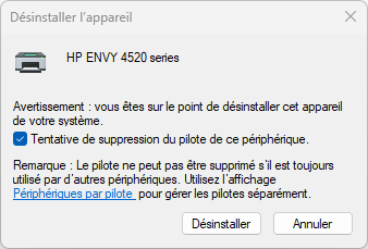 Case Tentative de suppression du pilote de ce périphérique cochée avant de désinstaller l'appareil