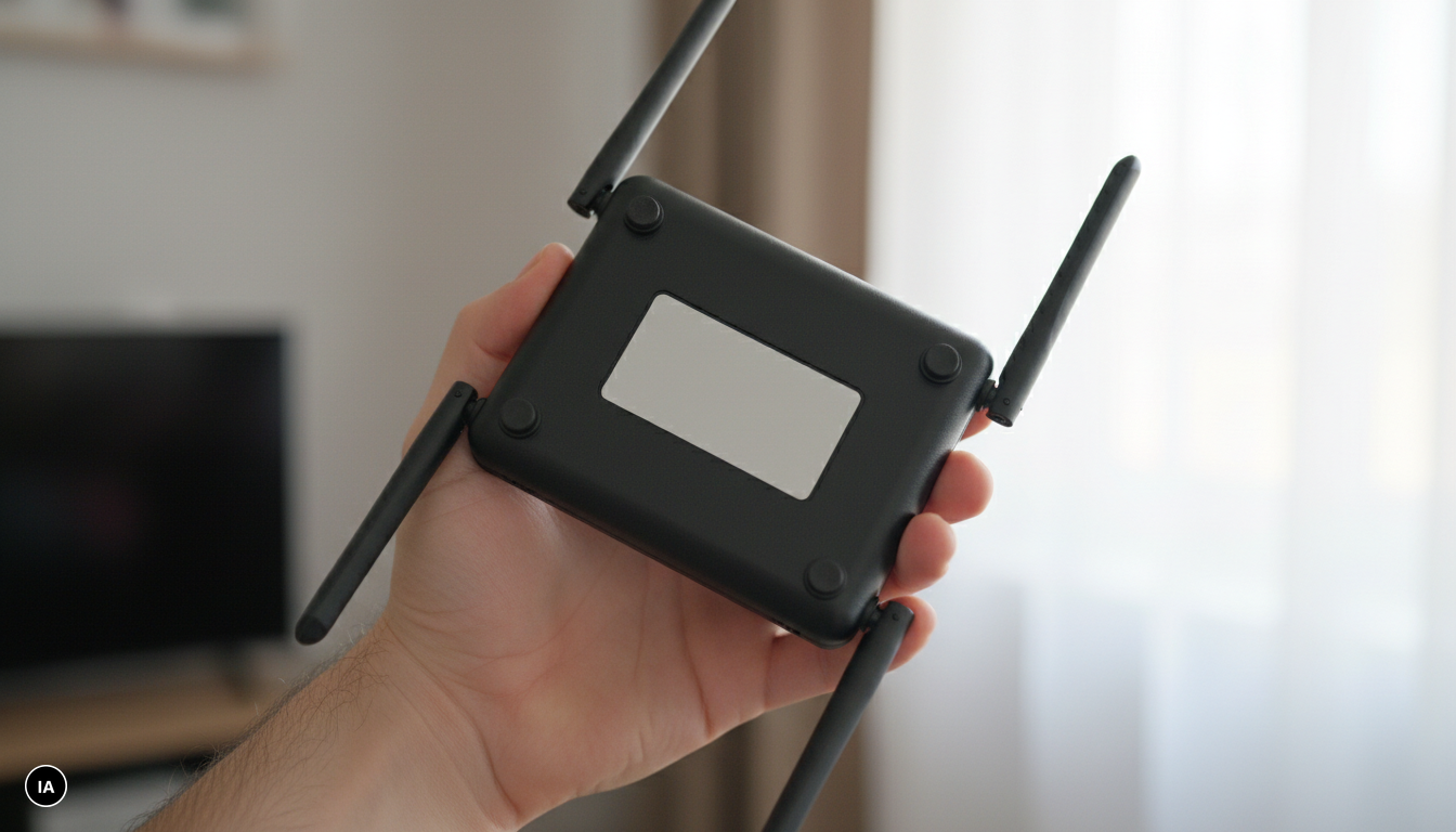 Mains retournant un petit routeur Wi-Fi 4G pour lire l'étiquette du dessous et vérifier la référence du modèle