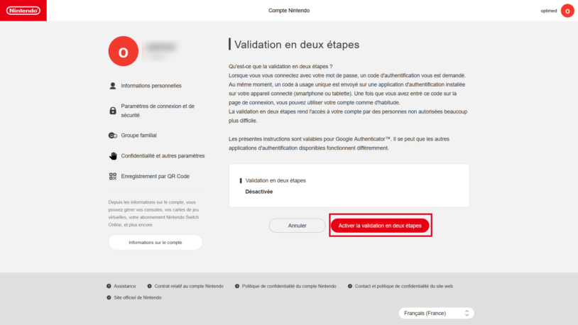 Capture du compte Nintendo avec le bouton Activer la validation en deux étapes mis en évidence