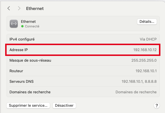 Réglages système de macOS ouverts sur Réseau, affichant l'adresse IP locale de la connexion Wi-Fi