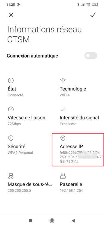 Capture d'écran des paramètres Wi-Fi d'un smartphone Android affichant l'adresse IP locale