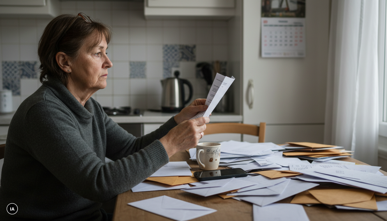 Femme sexagénaire sceptique lisant un courrier parmi une pile de lettres administratives ouvertes sur sa table