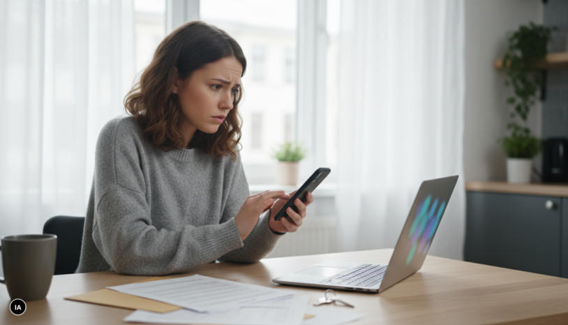 Locataire inquiète devant son téléphone à la table de sa cuisine, ordinateur portable et courriers étalés devant elle