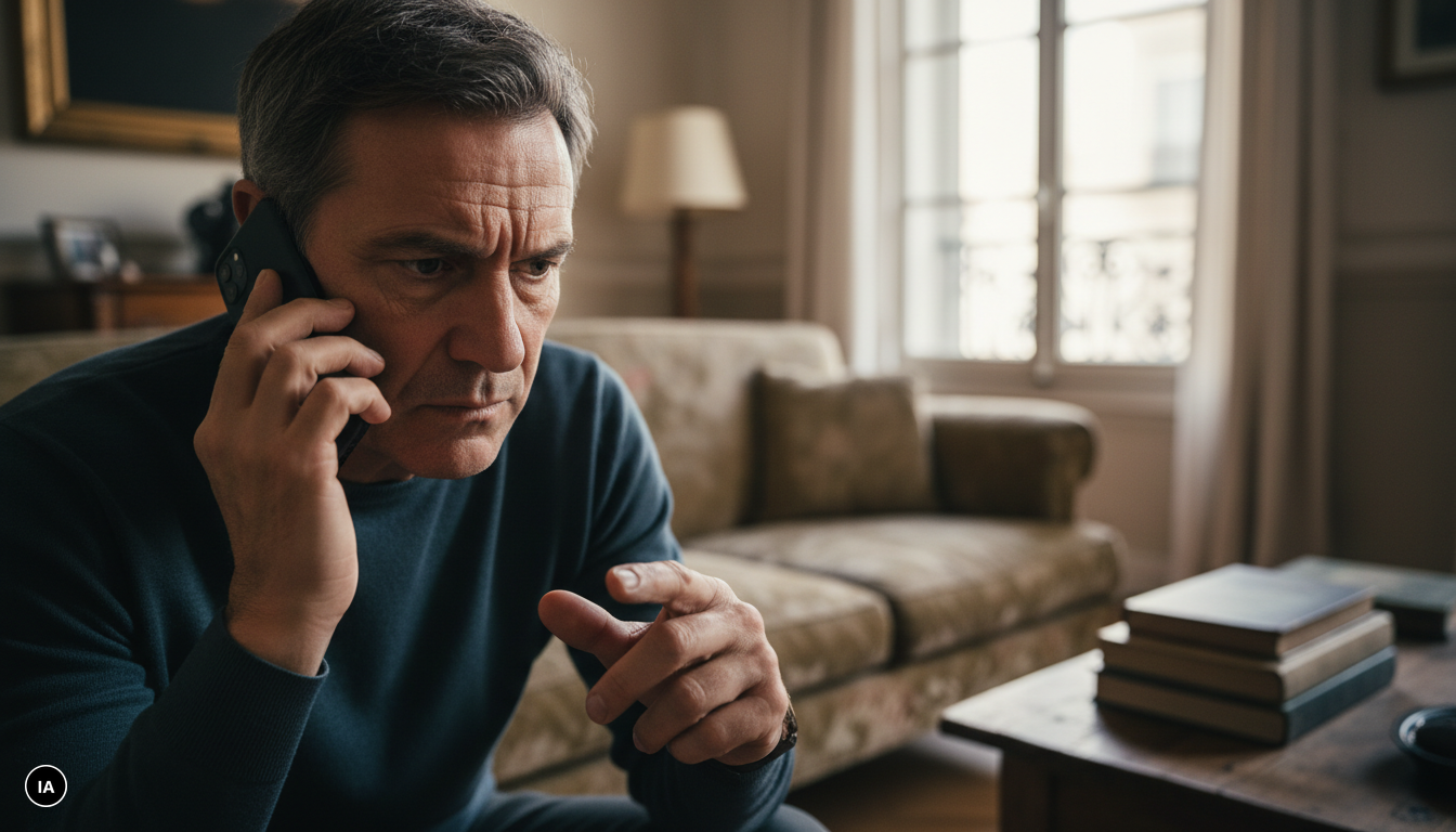 Personne écoutant un message vocal alarmant sur son smartphone, le pouce au-dessus du clavier téléphonique