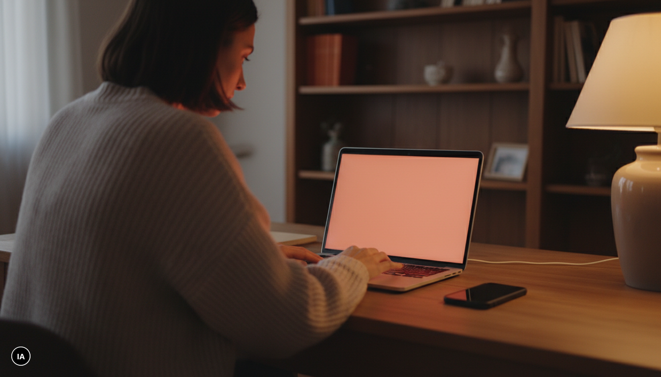Personne hésitant devant son ordinateur portable le soir, la main sur le pavé tactile, l'écran baigné d'une lueur rouge floue