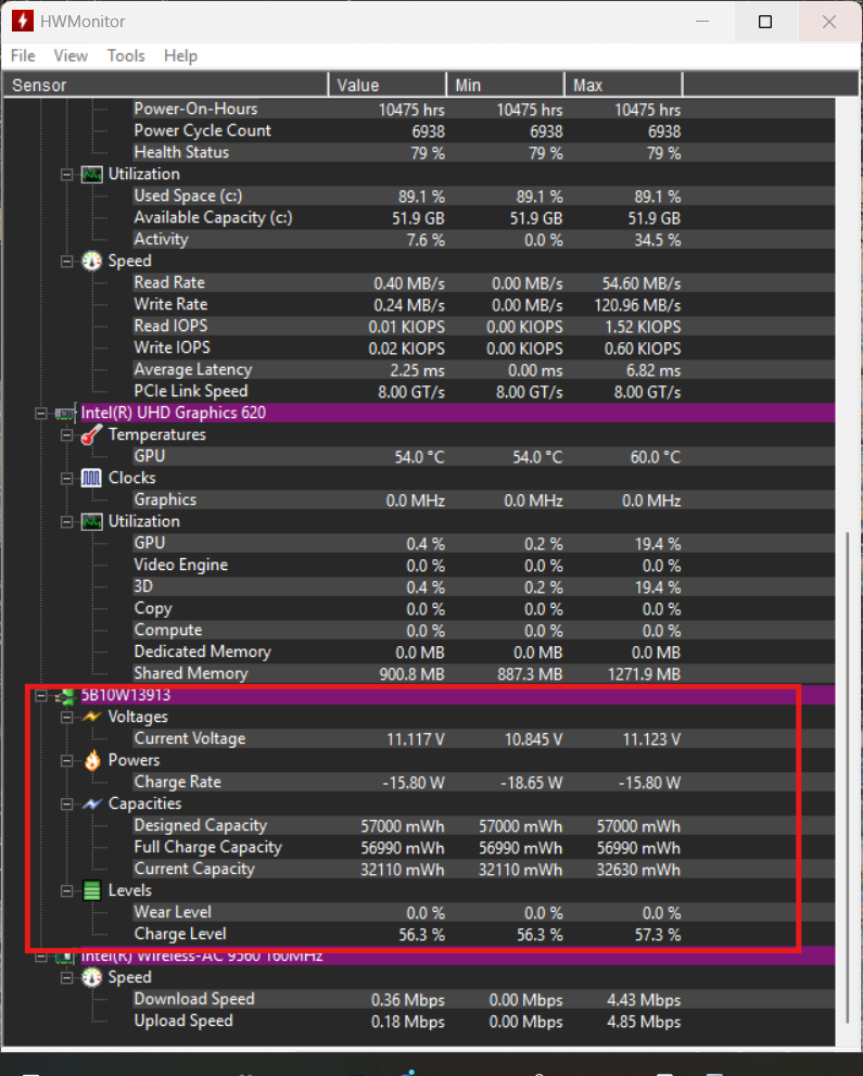 Branche Battery de HWMonitor affichant le Wear Level, taux d'usure de la batterie du PC portable