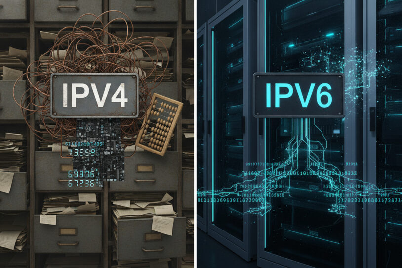 Les deux formats d'adresse IP : IPv4 en vieux meuble d'archives saturé, IPv6 en baies de serveurs modernes