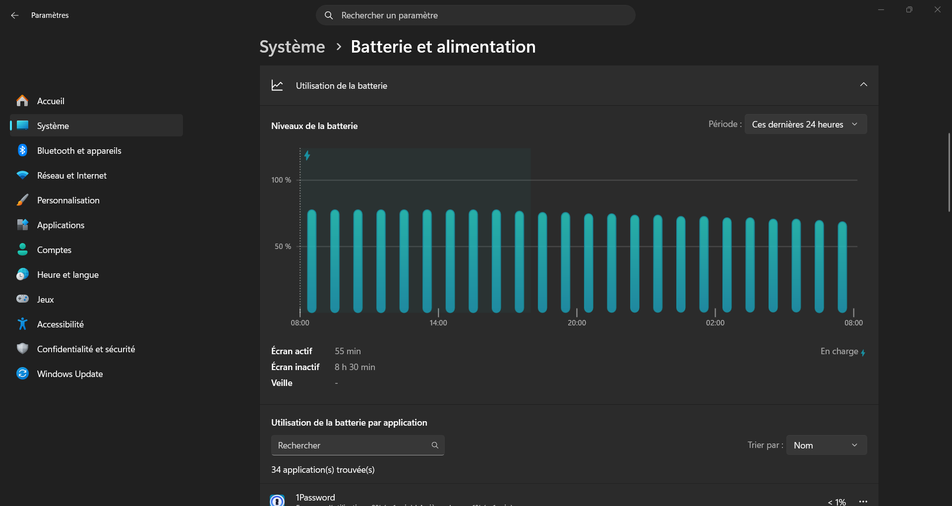 Page Batterie et alimentation des Paramètres de Windows 11, sans aucune information sur l'usure de la batterie