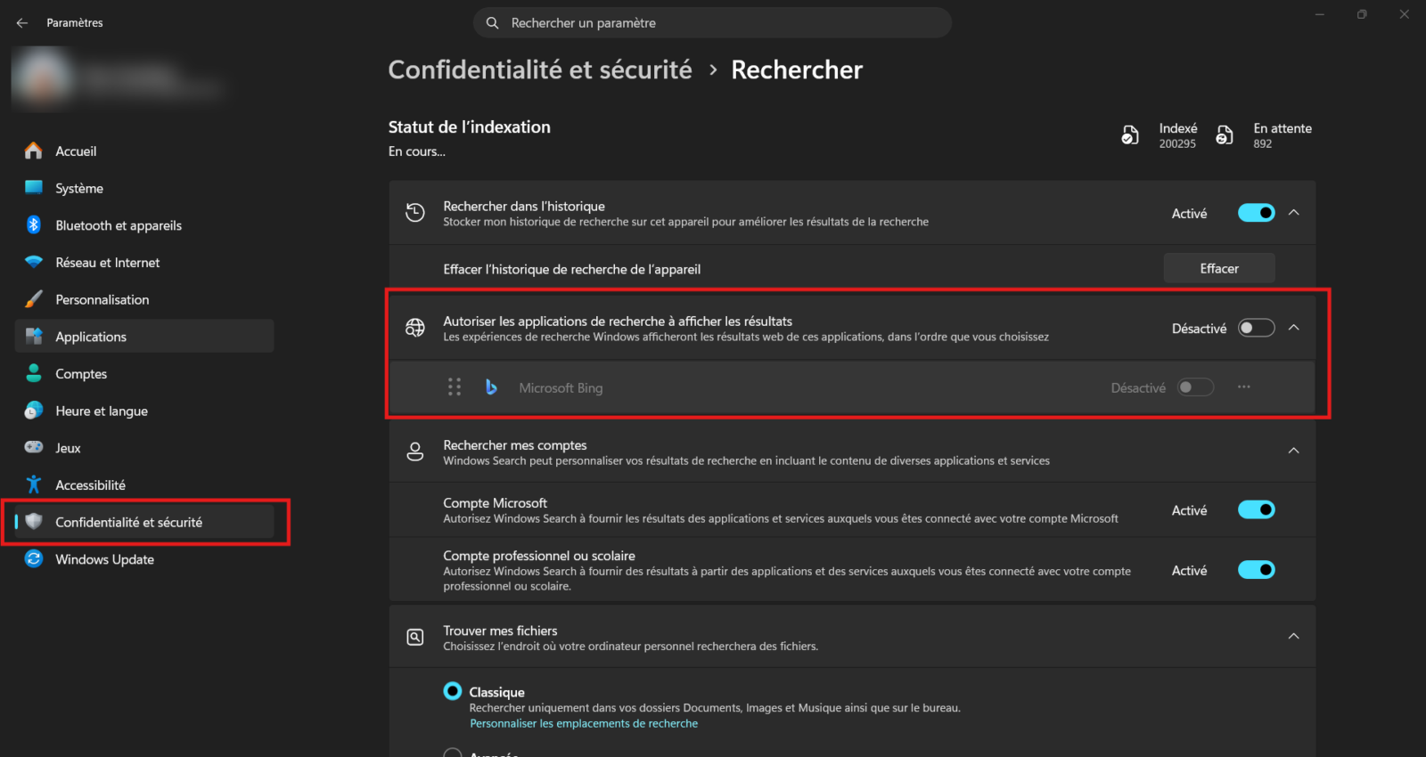 Page Rechercher des Paramètres de Windows 11 avec l'interrupteur Microsoft Bing désactivé