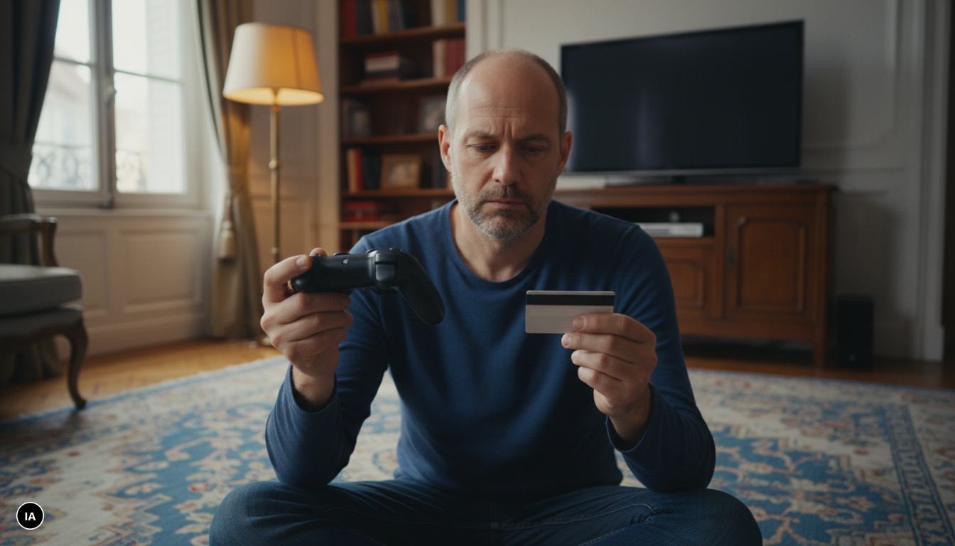 Personne tenant une manette de jeu et une carte bancaire devant un téléviseur de salon